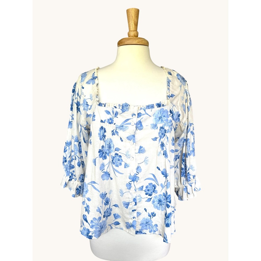 NWT Joie Linen Blend Floral Puff Sleeve Top Blue White Cottagecore Size M